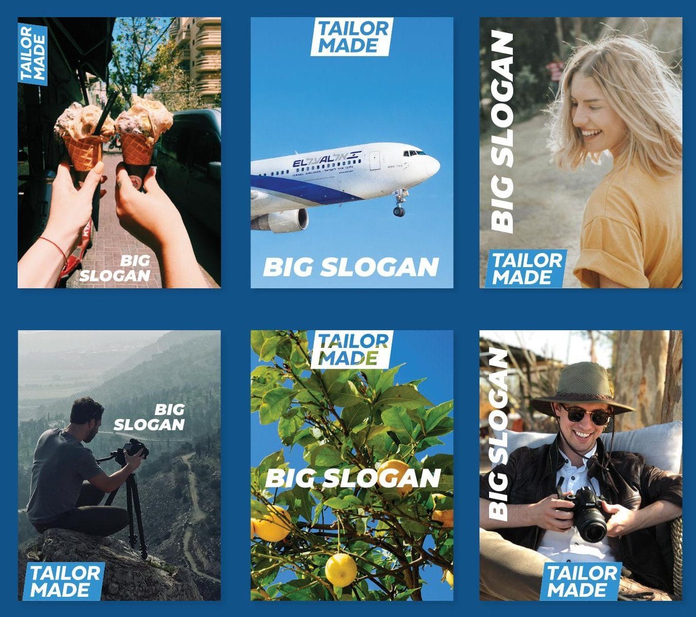 Six sample posters from the guide: ice cream cones, an El Al plane, a smiling woman, a photographer on a mountain, a lemon tree and a man with a camera, each with the Tailor Made box in a corner or along an edge and BIG SLOGAN in white italic capitals